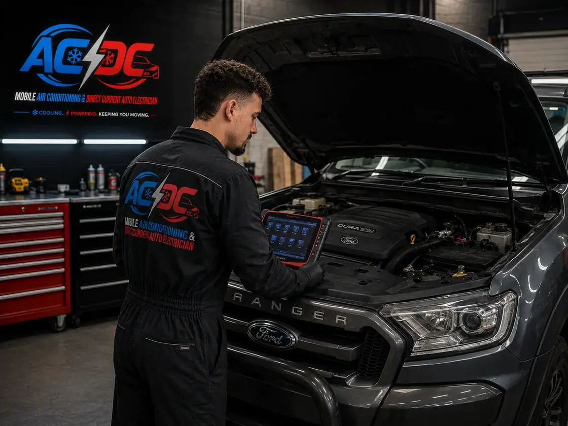 Tom Hayden using a diagnostic scan tool on a Ford Ranger with the bonnet up, AC/DC branding on his workwear